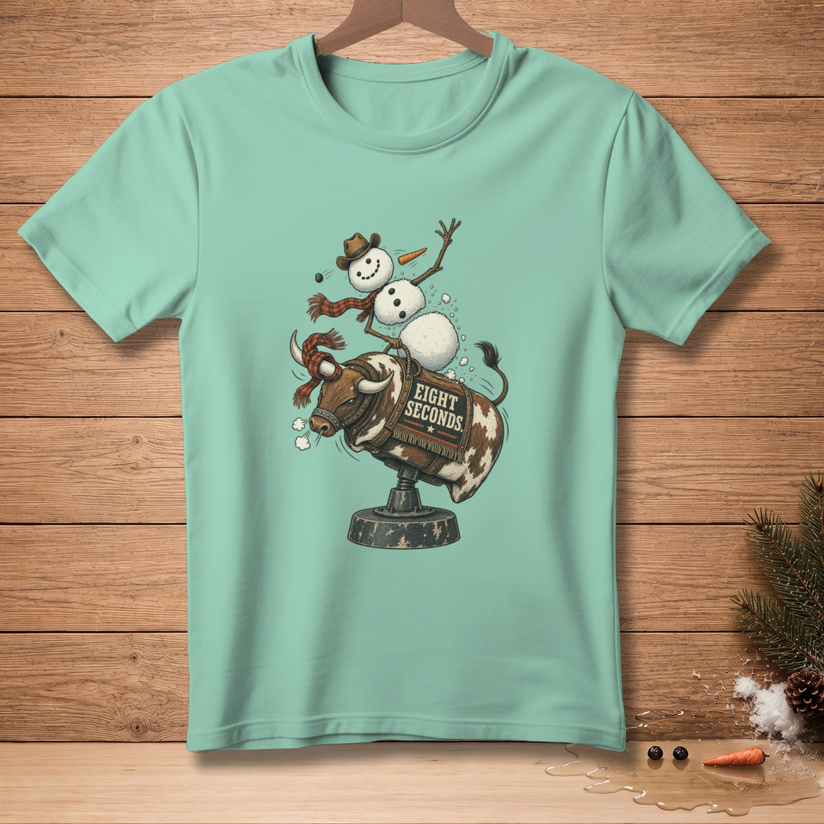 Snowman riding a bull with "EIGHT SECONDS" text on its saddle.
