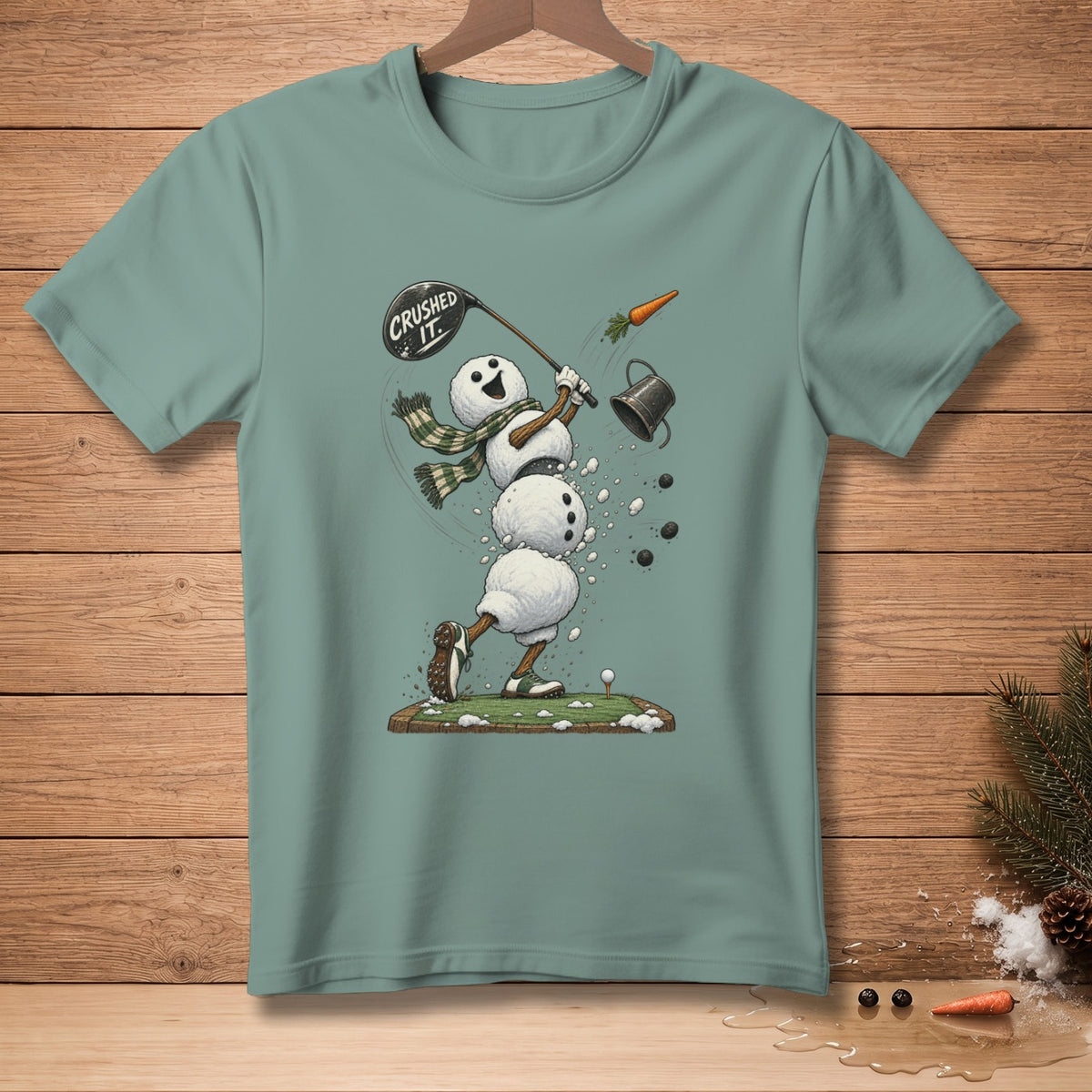 Snowman golfer with "Crushed It" on club, hitting a carrot.