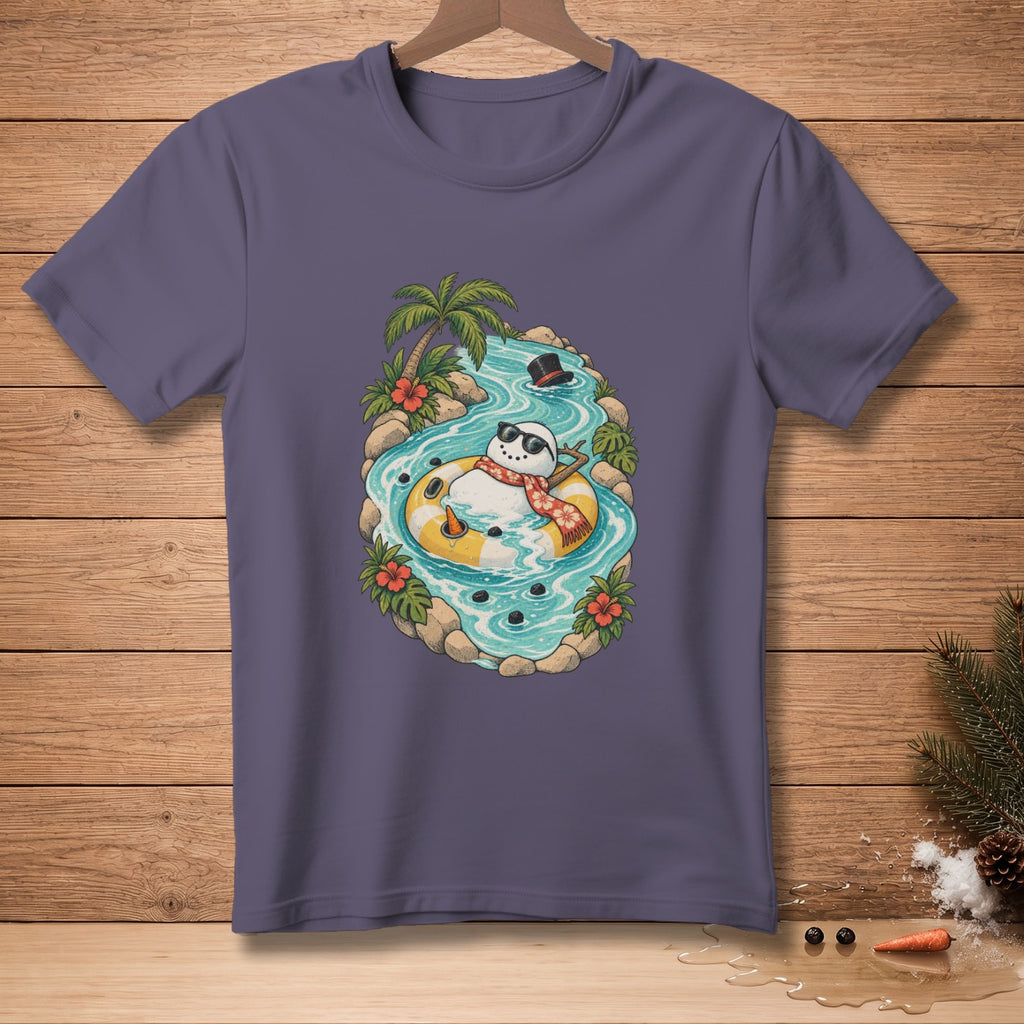 Snowman in a tube floating down a river with sunglasses and a scarf.