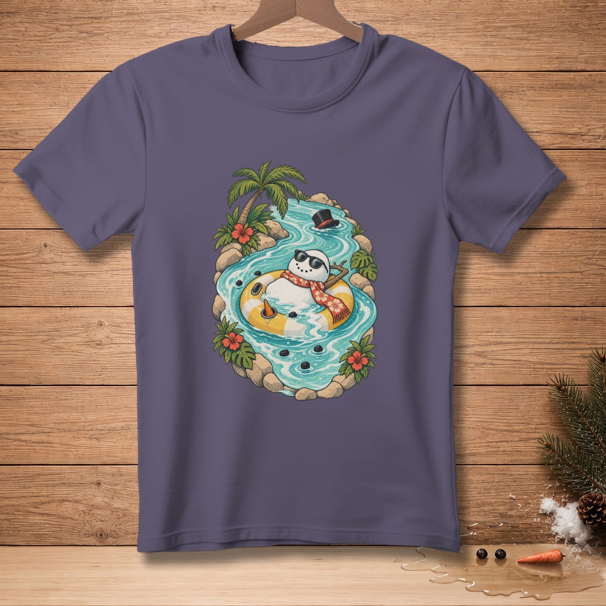 Snowman in a tube floating down a river with sunglasses and a scarf.