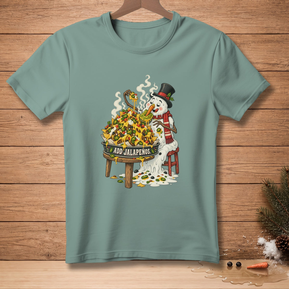 Snowman wearing a top hat and scarf eating a giant plate of nachos.