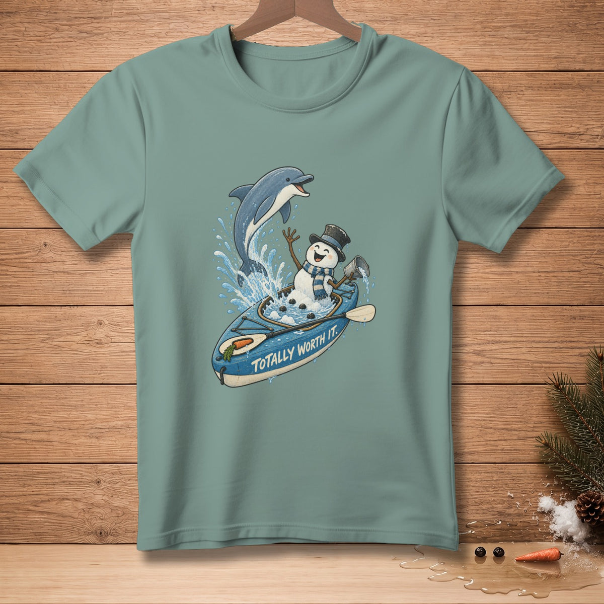 Snowman in kayak with dolphin and text "Totally Worth It".