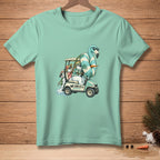 Snowmen in a golf cart with a flamingo float, text "We Can Fit It".