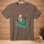 Snowman in a canoe with a parrot, text reads "STILL FLOATING".