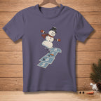 Snowman playing hopscotch with numbers 5, 6, 7, and 8 on a t-shirt.