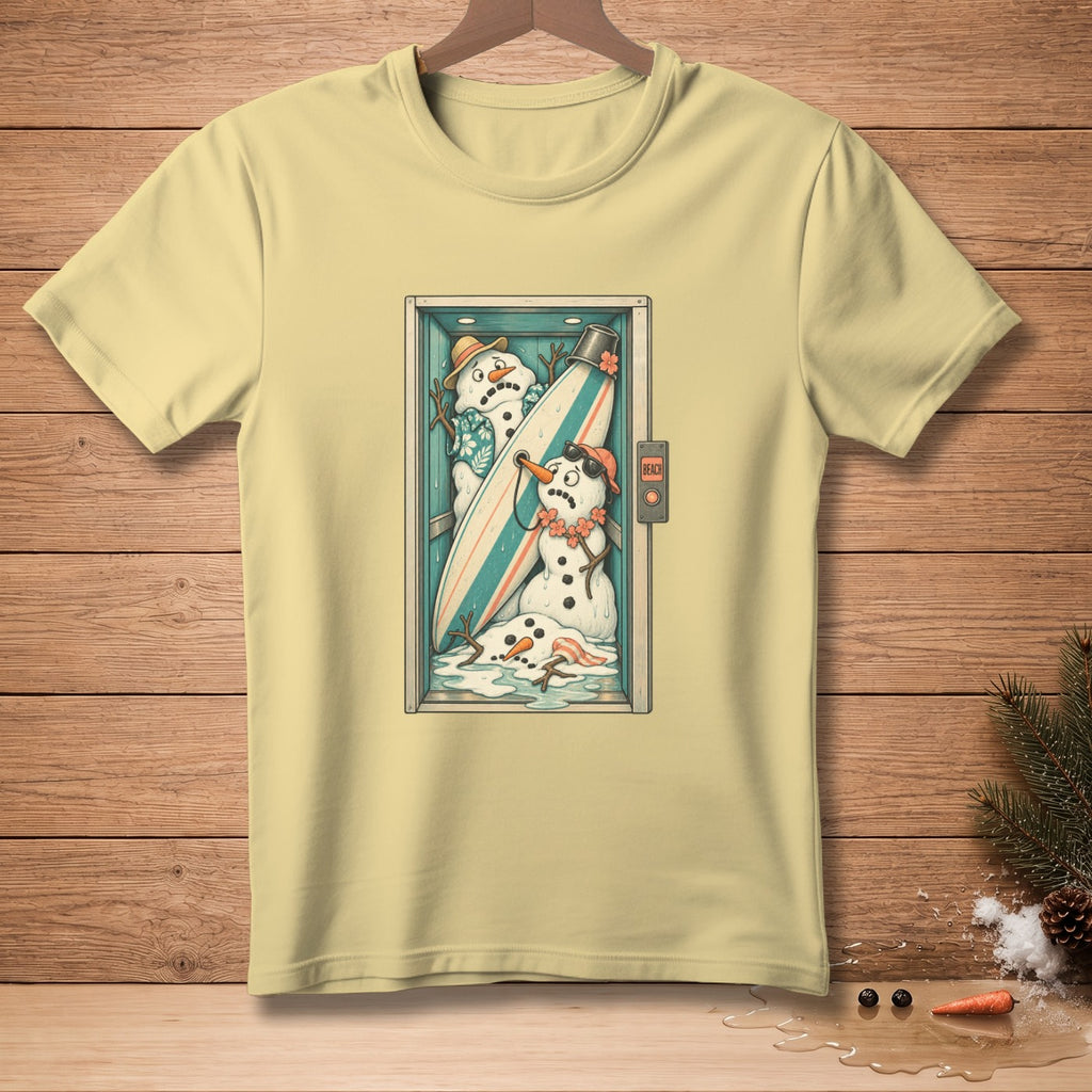T-shirt with illustration of melting snowmen holding a surfboard inside an elevator with "Beach" button.