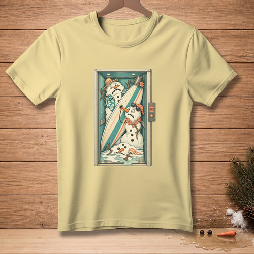 T-shirt with illustration of melting snowmen holding a surfboard inside an elevator with "Beach" button.