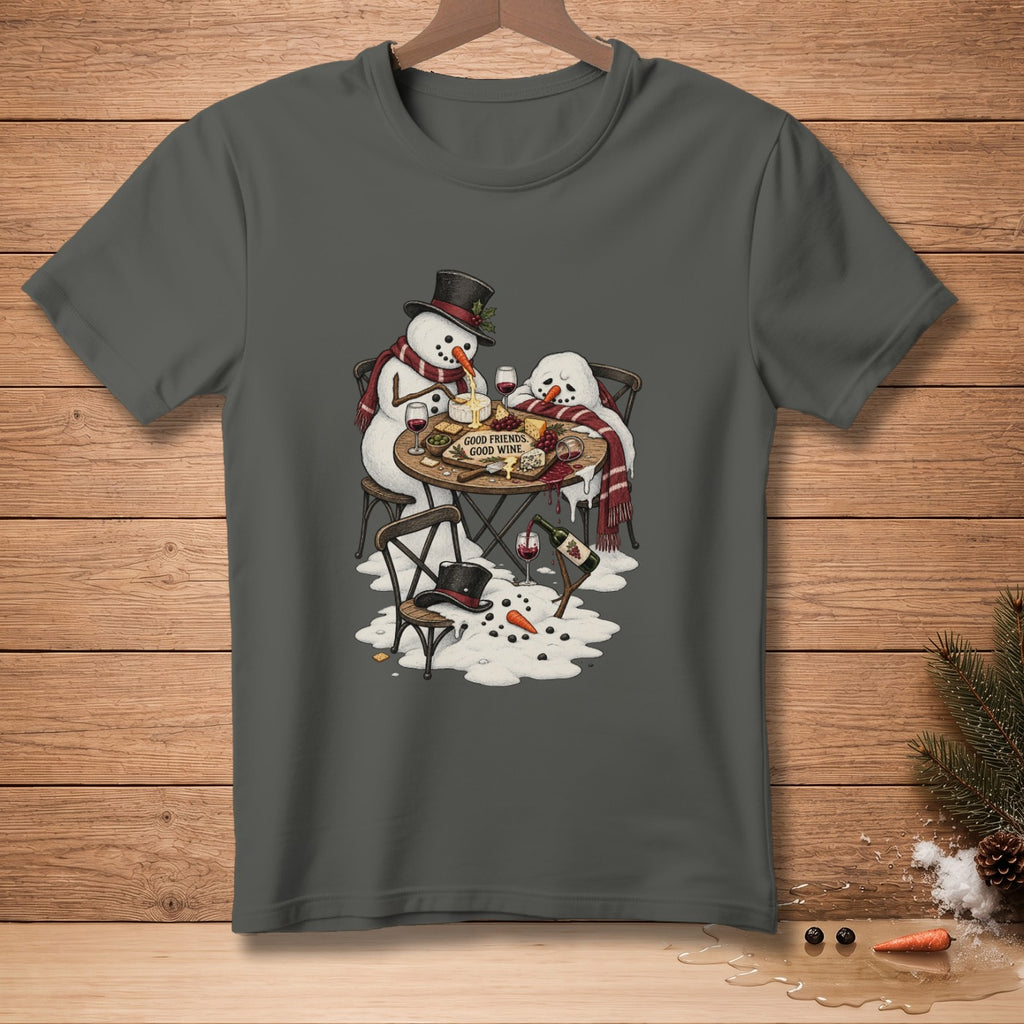 Two snowmen enjoy cheese and wine at a table, with text "GOOD FRIENDS, GOOD WINE."