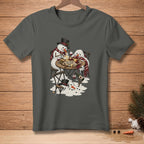 Two snowmen enjoy cheese and wine at a table, with text "GOOD FRIENDS, GOOD WINE."