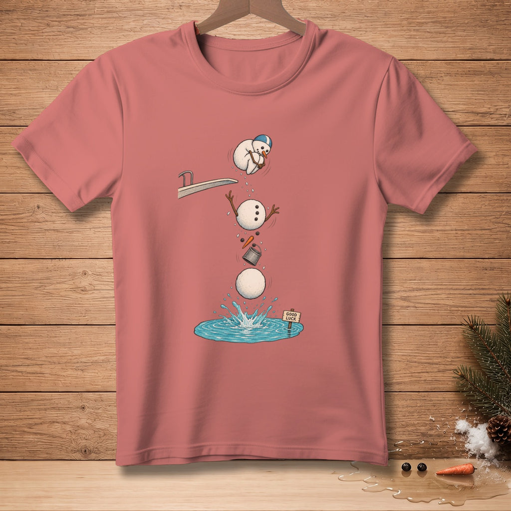 Snowman falling off diving board into water with "Good Luck" sign.