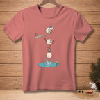 Snowman falling off diving board into water with "Good Luck" sign.