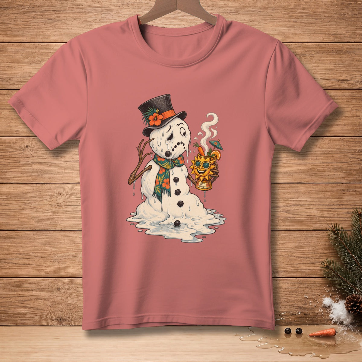 Melting snowman in a top hat and scarf holds a hot toddy with a smiling sun.