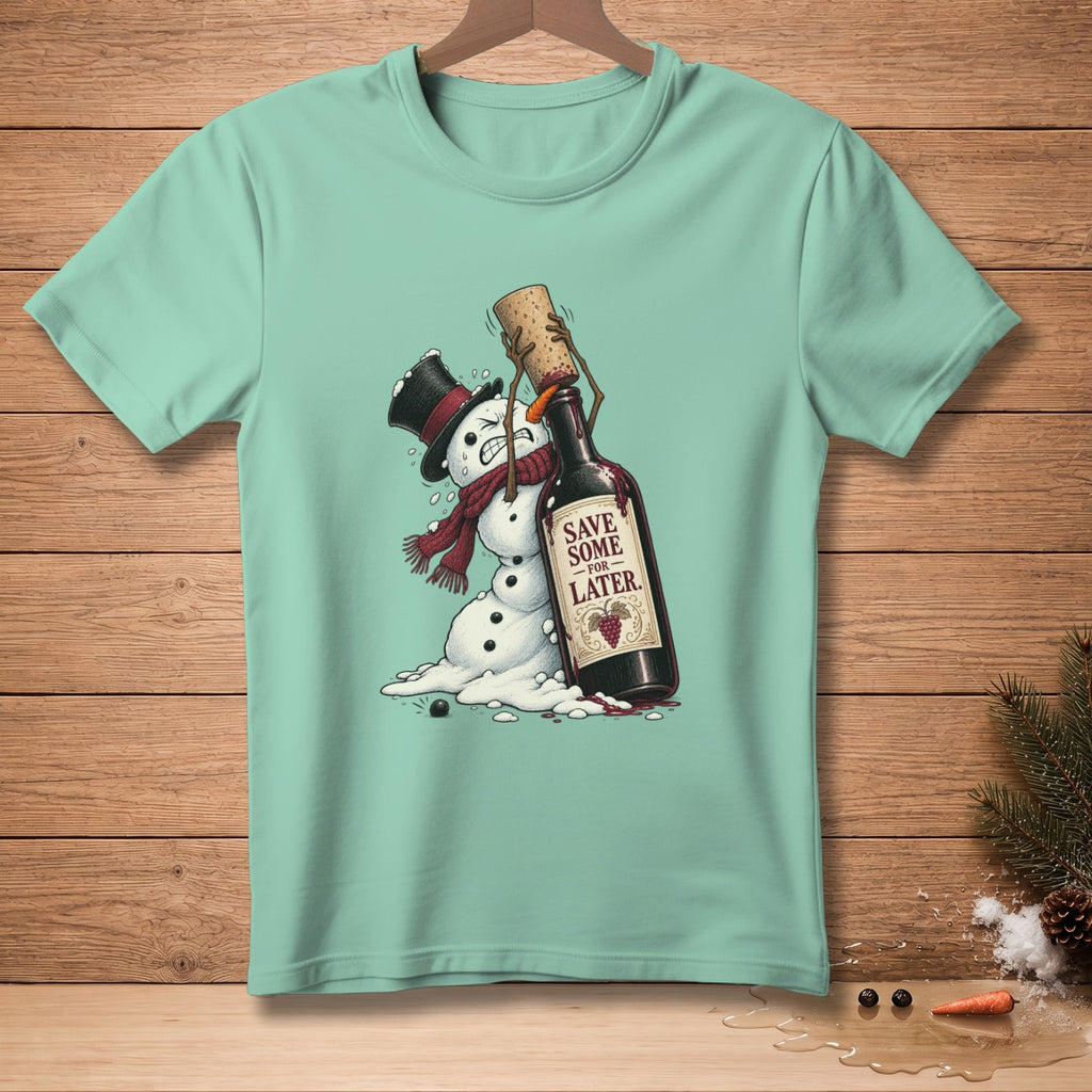 Snowman in a top hat and scarf struggling with a wine bottle labeled "SAVE SOME FOR LATER."
