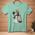Snowman in a top hat and scarf struggling with a wine bottle labeled "SAVE SOME FOR LATER."