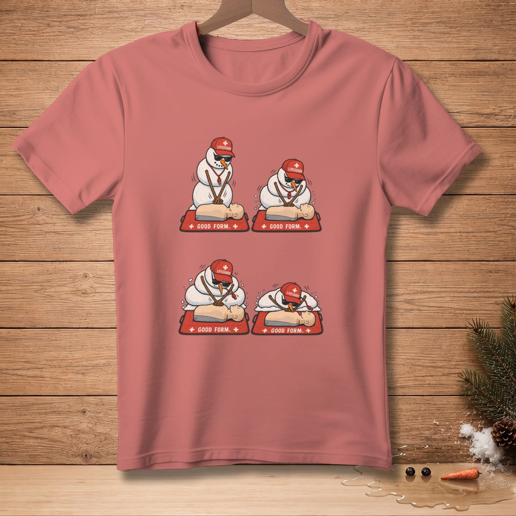 Four cartoon snowmen wearing lifeguard hats practice CPR on training dummies, captioned "Good Form".