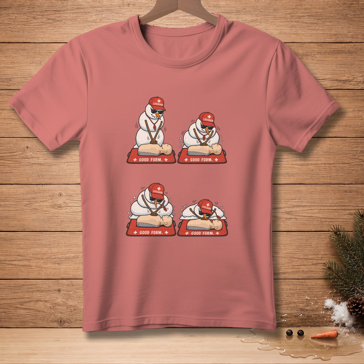Four cartoon snowmen wearing lifeguard hats practice CPR on training dummies, captioned "Good Form".