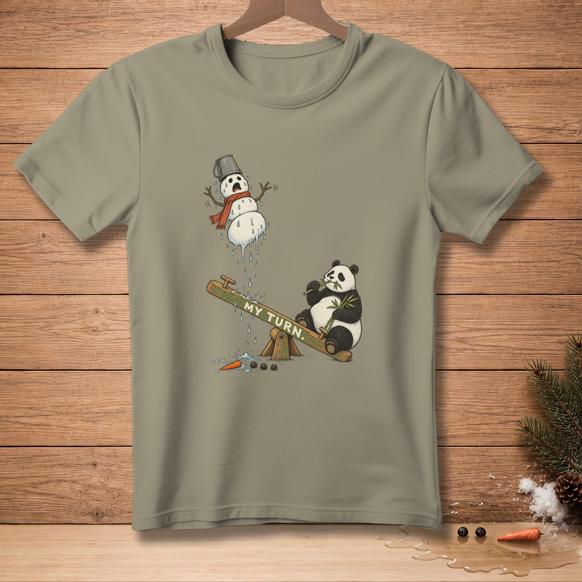 Melting snowman on seesaw with panda eating bamboo, text "MY TURN".