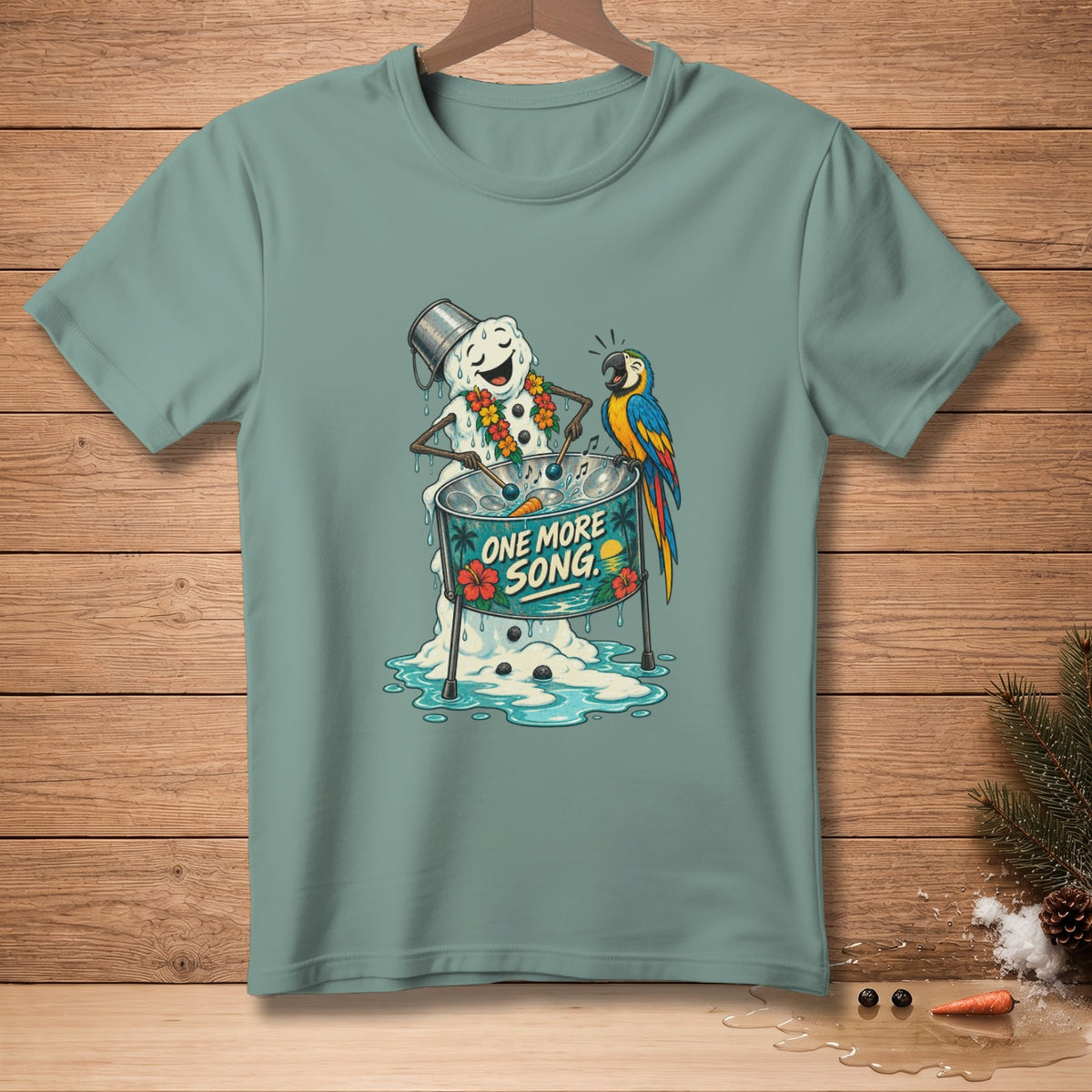 Melting snowman playing steel drum with parrot, text "ONE MORE SONG".