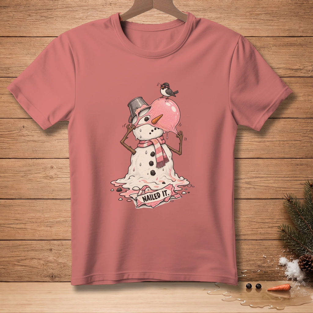 T-shirt with melting snowman graphic, bird on hat, and "NAILED IT." text.