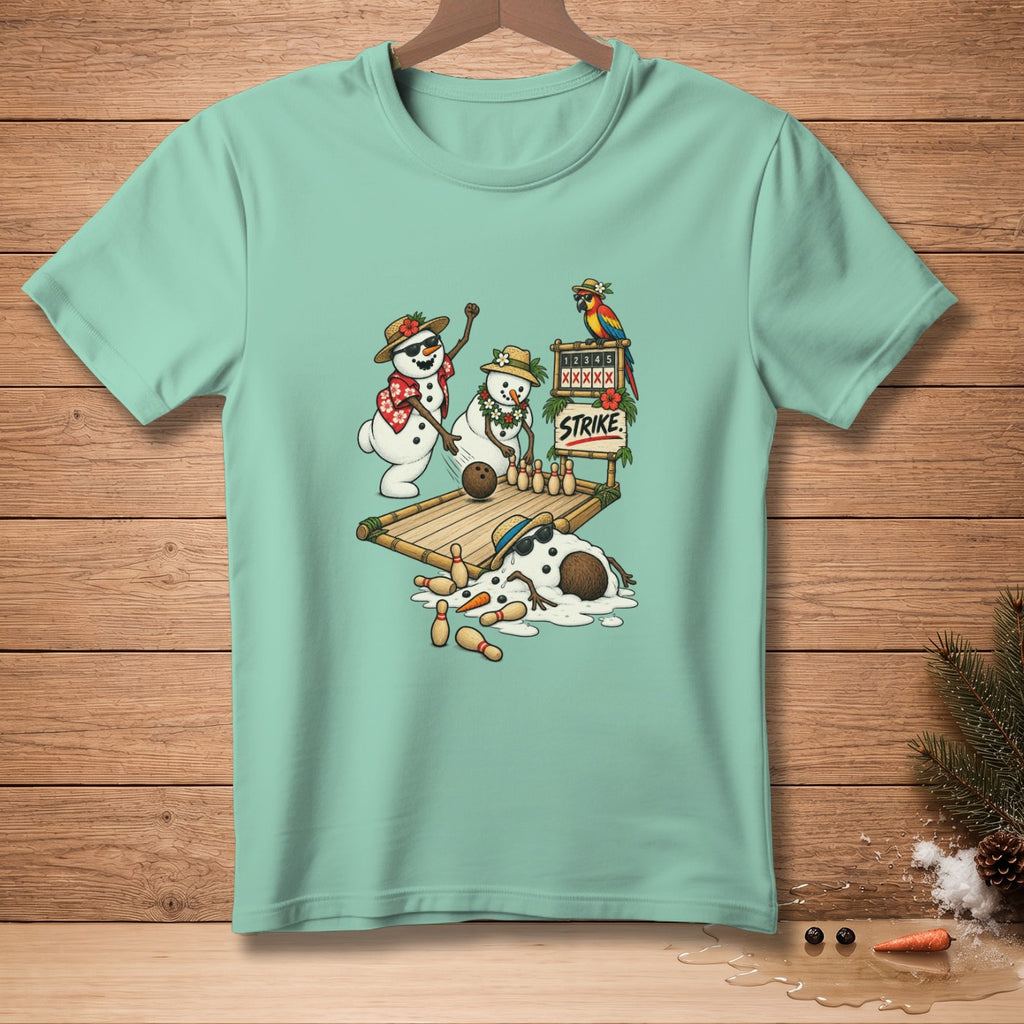 Snowmen bowling, one melting, with a parrot and "STRIKE" sign.