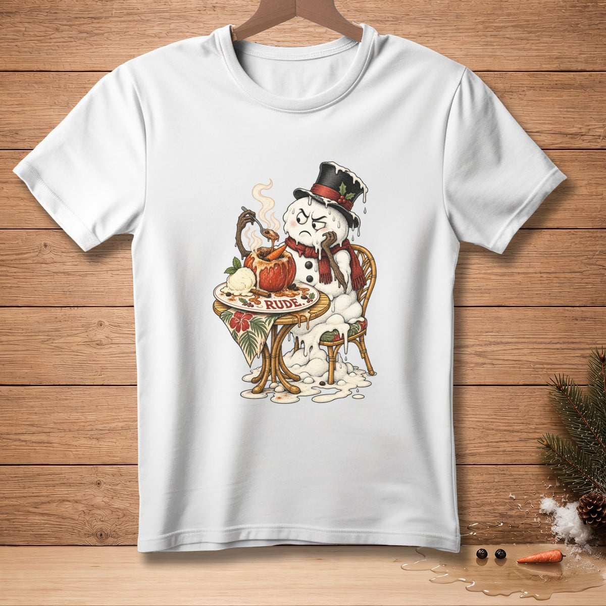 Melting snowman in a hat and scarf eating dessert with the word "Rude".