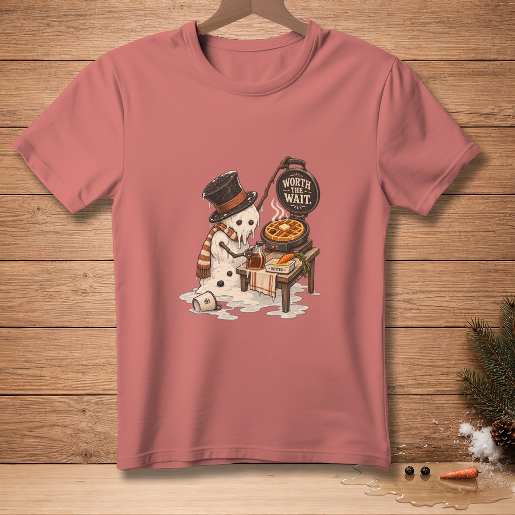Melting snowman wearing a hat and scarf makes waffles, text says "Worth the Wait."