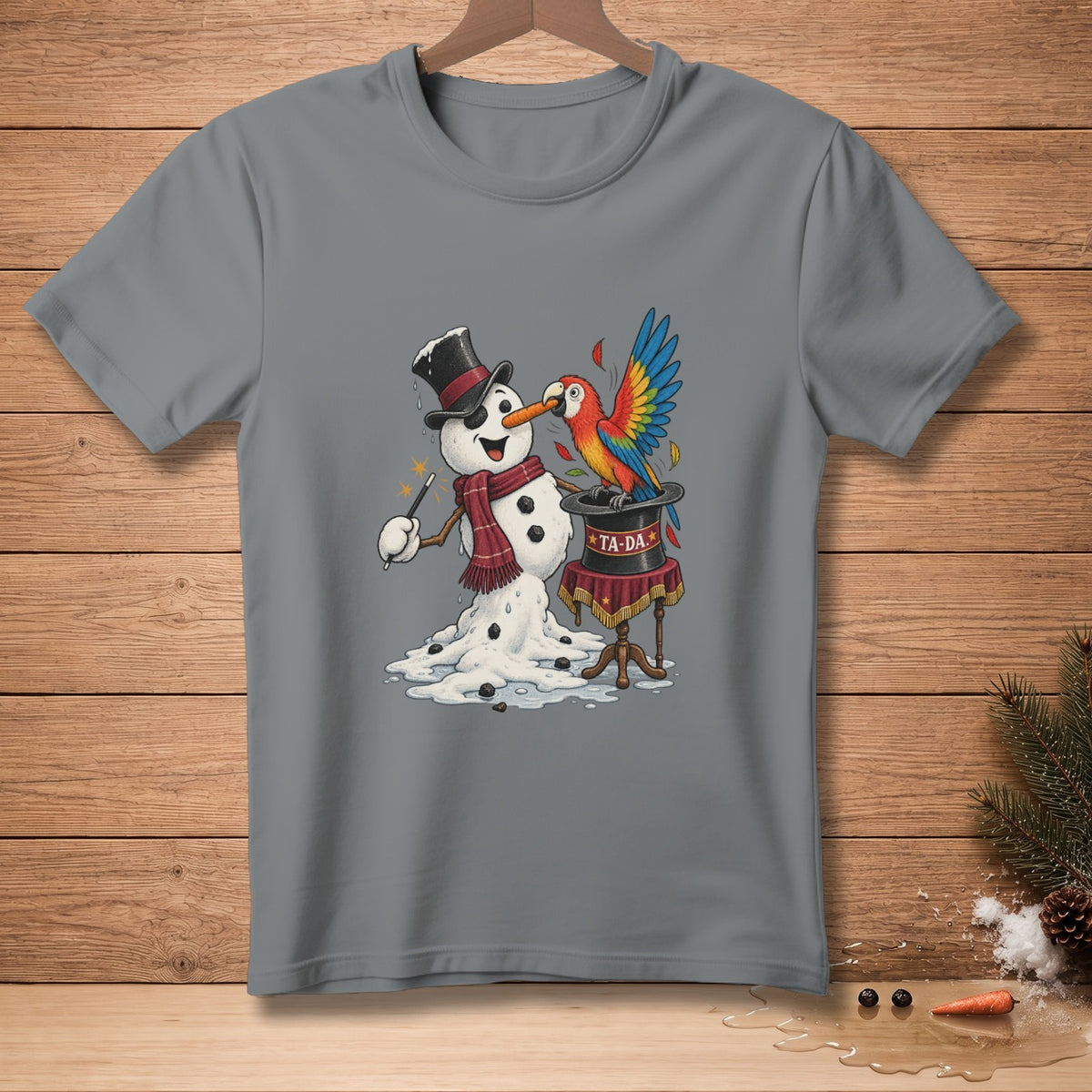 Snowman magician with a wand and a colorful parrot emerging from a top hat with "TA-DA" text.
