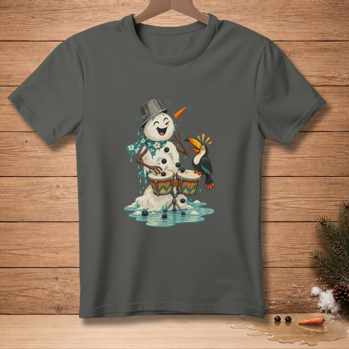 Melting snowman with bucket hat playing bongos next to a toucan.