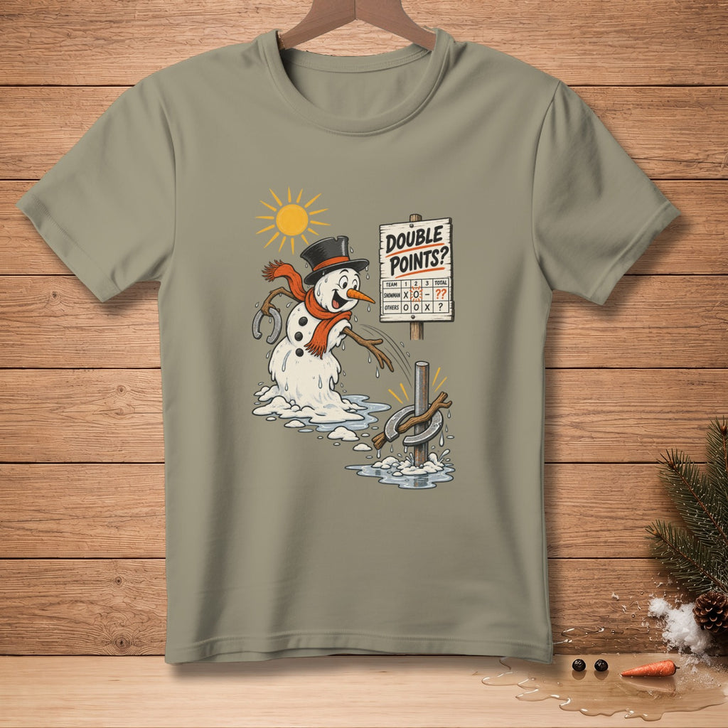 Melting snowman playing horseshoes under a sun with a "Double Points?" scoreboard.