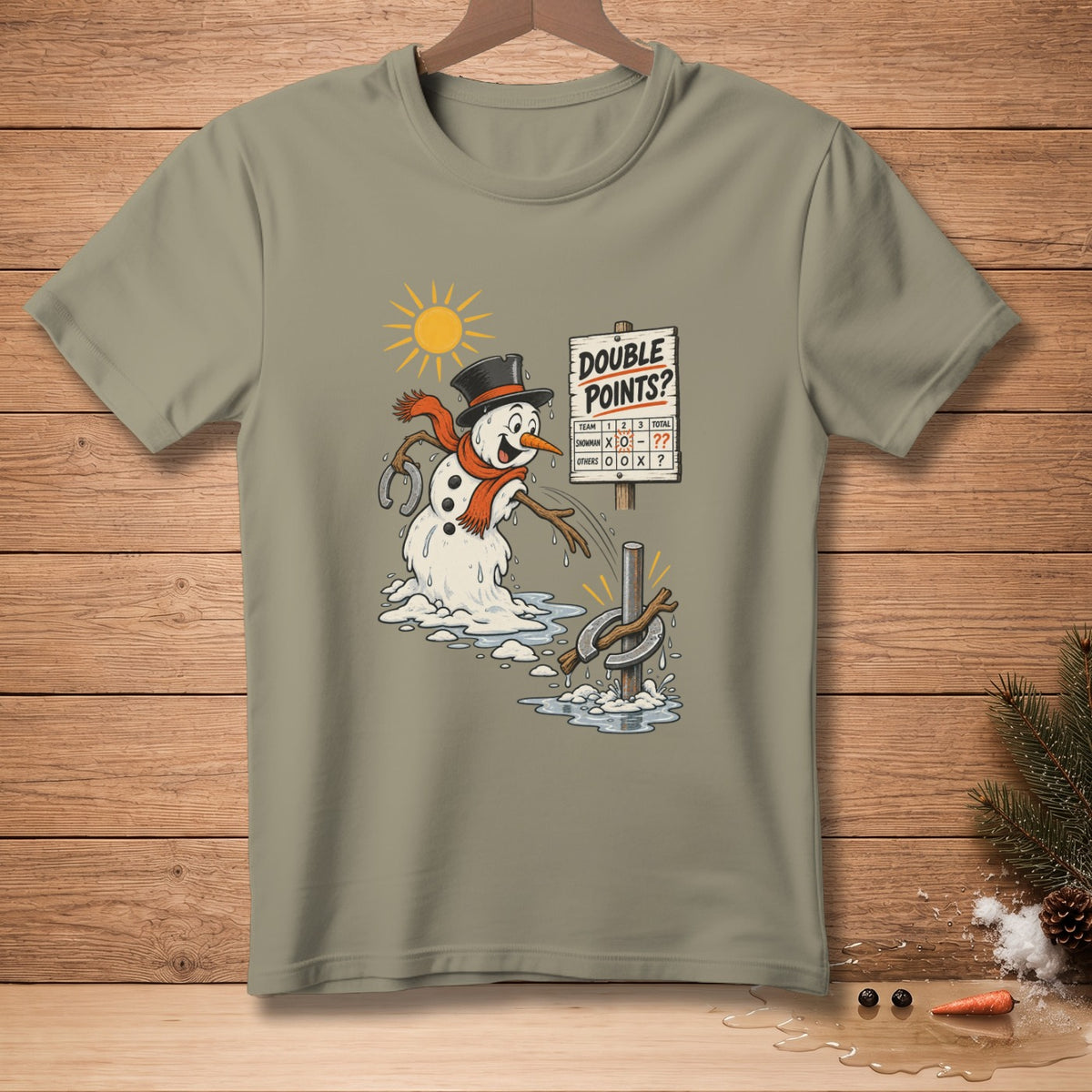 Melting snowman playing horseshoes under a sun with a "Double Points?" scoreboard.