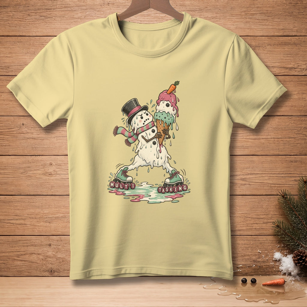 Yellow t-shirt with melting snowman on roller skates holding ice cream cones.