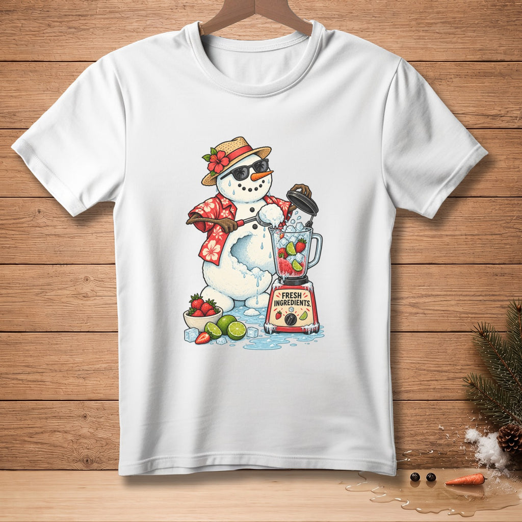 Snowman in Hawaiian shirt and sunglasses blending fruit with fresh ingredients text.