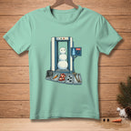 Snowman passing through security scanner with items like carrot, scarf, and buttons.