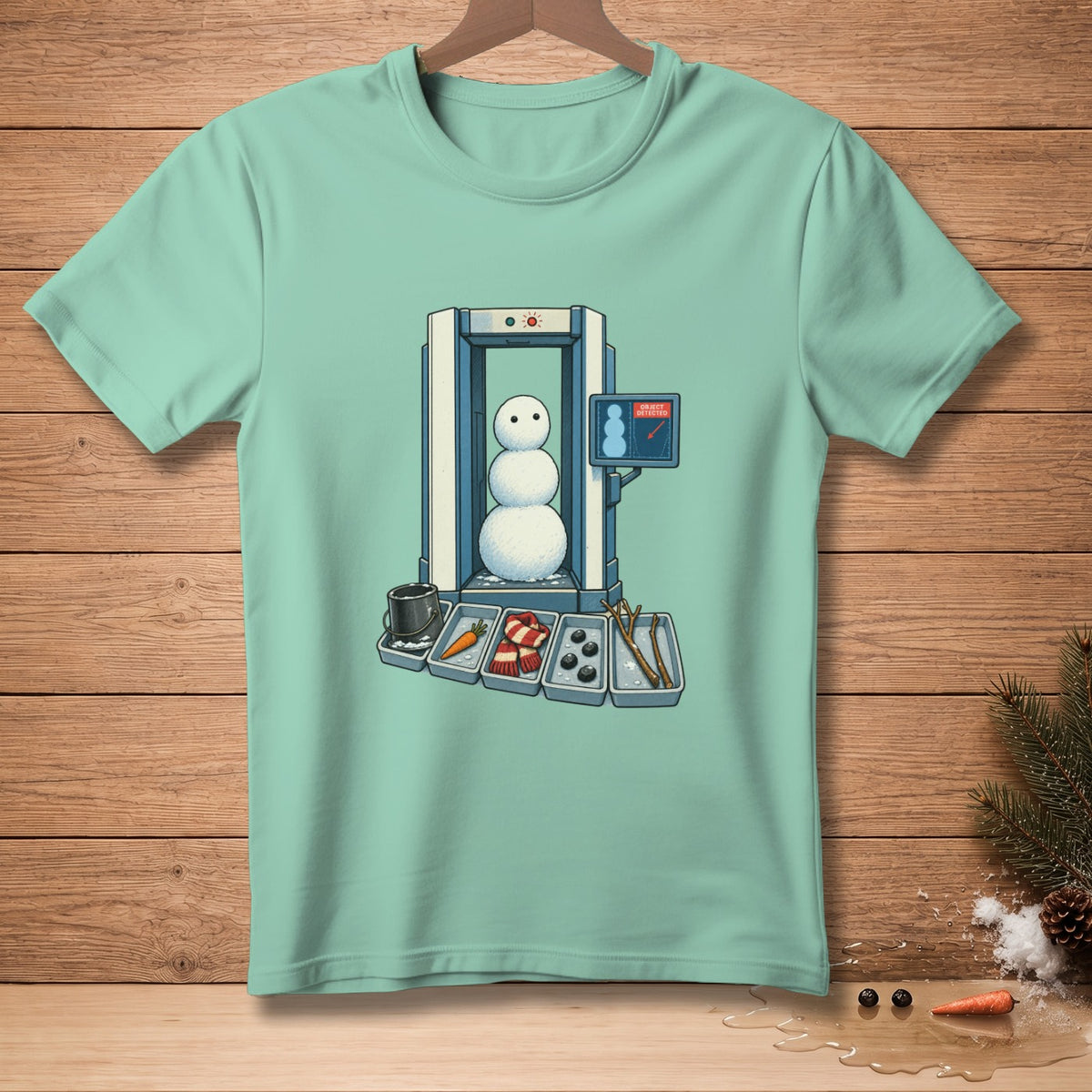 Snowman passing through security scanner with items like carrot, scarf, and buttons.