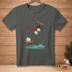 Snowman on a swing with "SEND IT." text, jumping into water.