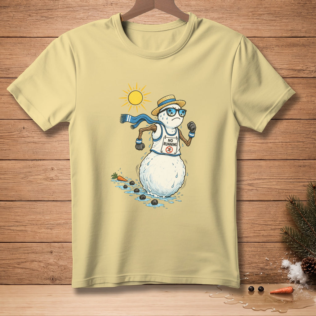 Melting snowman runner wearing sunglasses, straw hat, and 'No Running' bib.