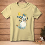 Melting snowman runner wearing sunglasses, straw hat, and 'No Running' bib.