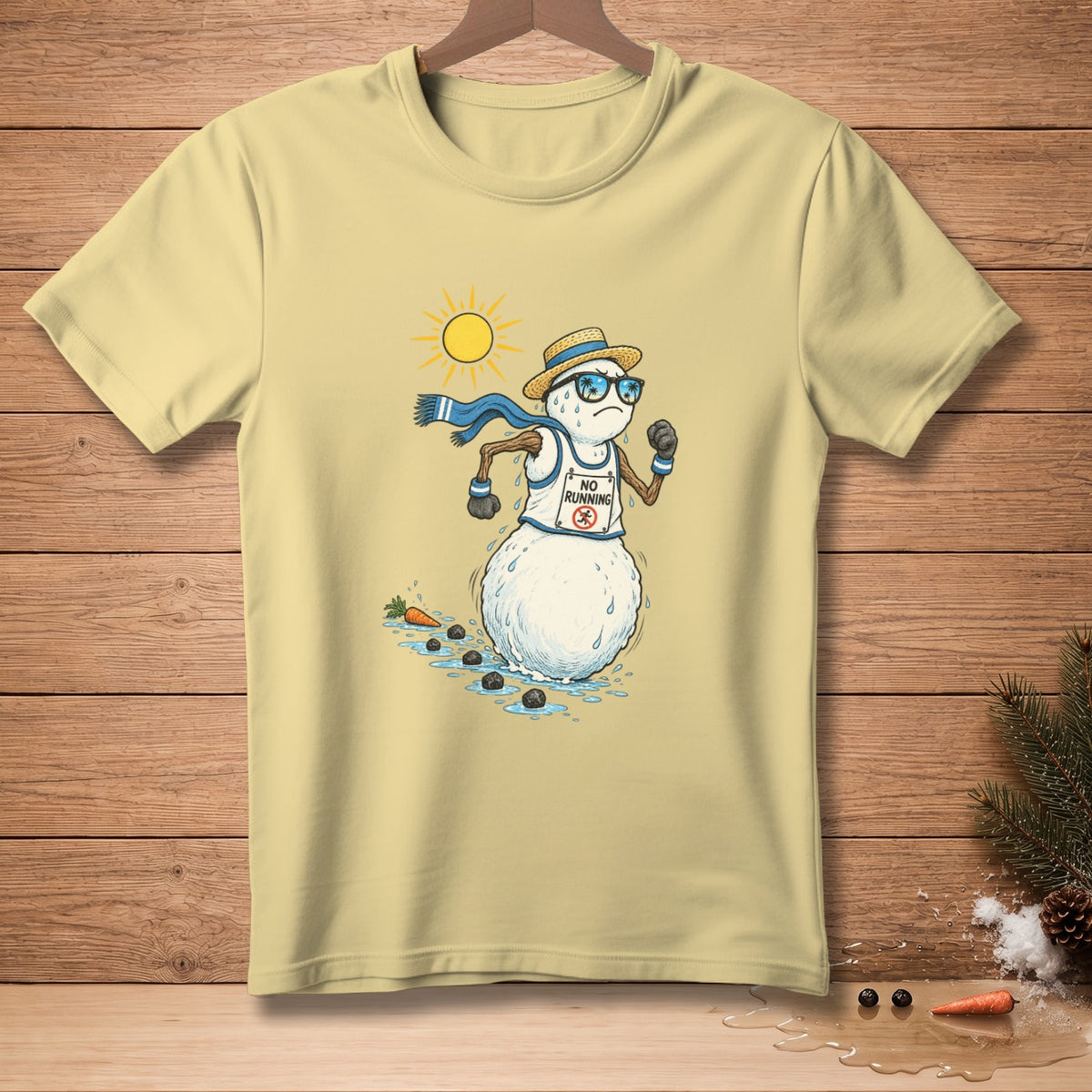 Melting snowman runner wearing sunglasses, straw hat, and 'No Running' bib.