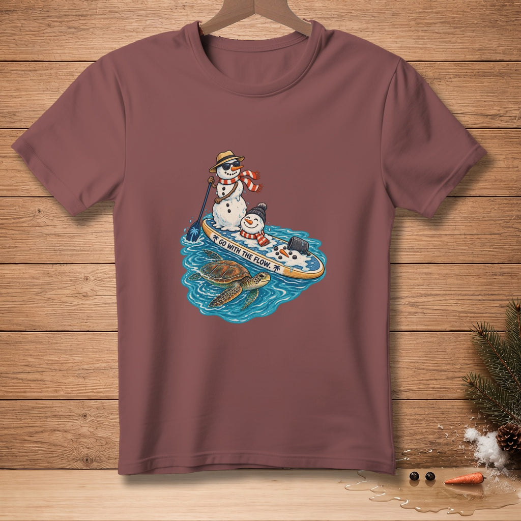 Two snowmen and a sea turtle on a paddleboard with text "GO WITH THE FLOW".