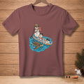 Two snowmen and a sea turtle on a paddleboard with text "GO WITH THE FLOW".