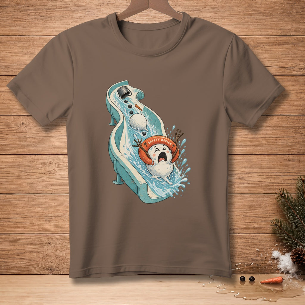 Snowman sliding down water slide with safety device and text.