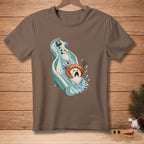 Snowman sliding down water slide with safety device and text.