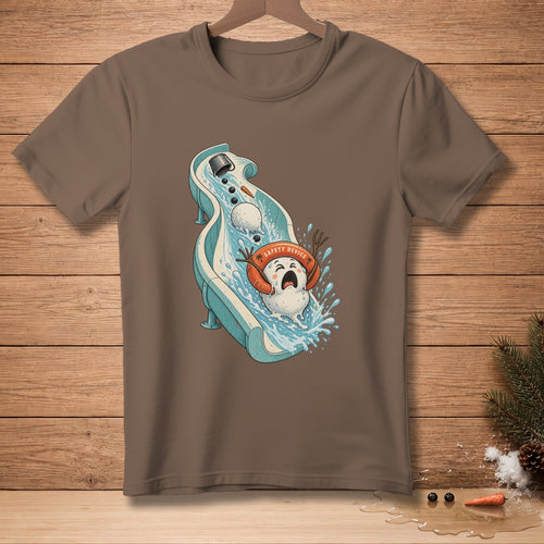 Snowman sliding down water slide with safety device and text.