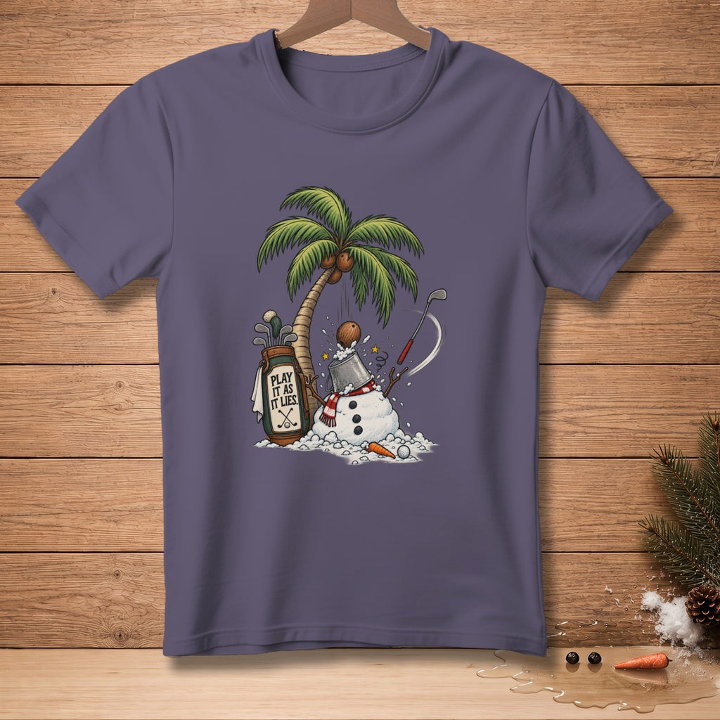 T-shirt graphic of a snowman playing golf on a beach with a palm tree and text.
