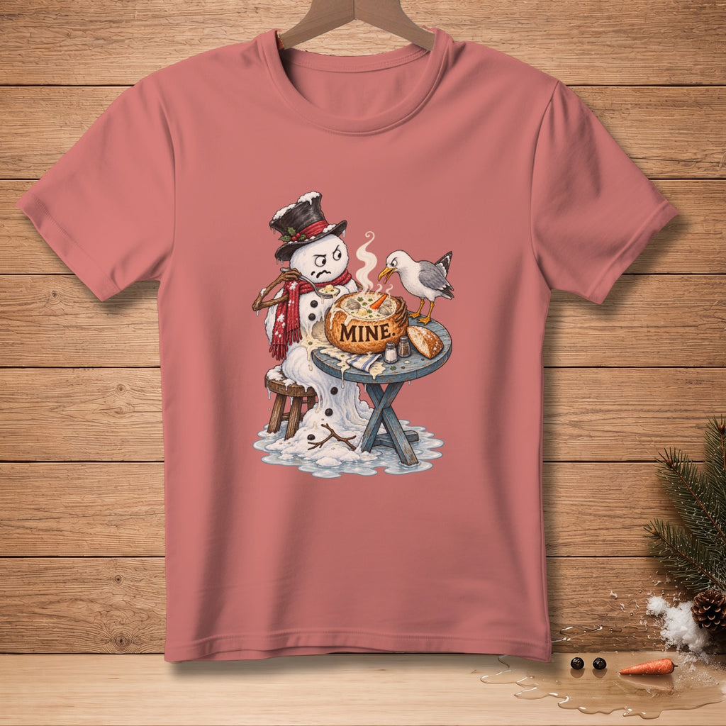 Snowman with hat and scarf melting, eating from a bowl labeled "MINE" as a bird tries to take food.