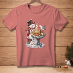Snowman with hat and scarf melting, eating from a bowl labeled "MINE" as a bird tries to take food.
