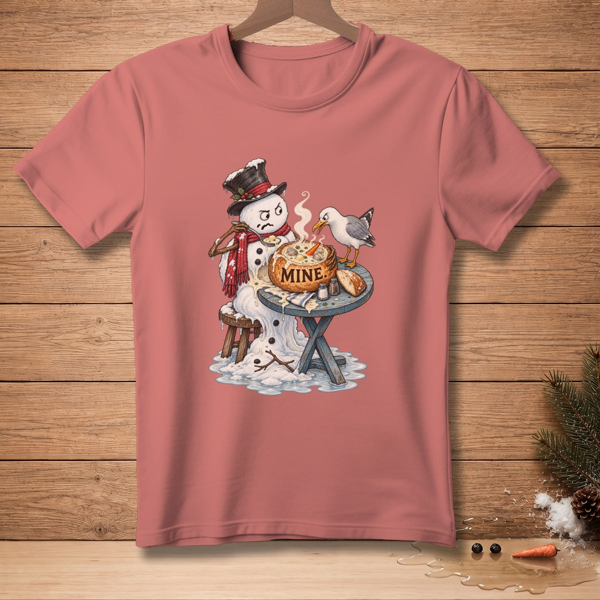 Snowman with hat and scarf melting, eating from a bowl labeled "MINE" as a bird tries to take food.