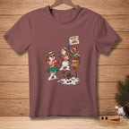 T-shirt with cartoon snowmen dancing, a parrot, and text "AND ONE, TWO, THREE... CHA-CHA".