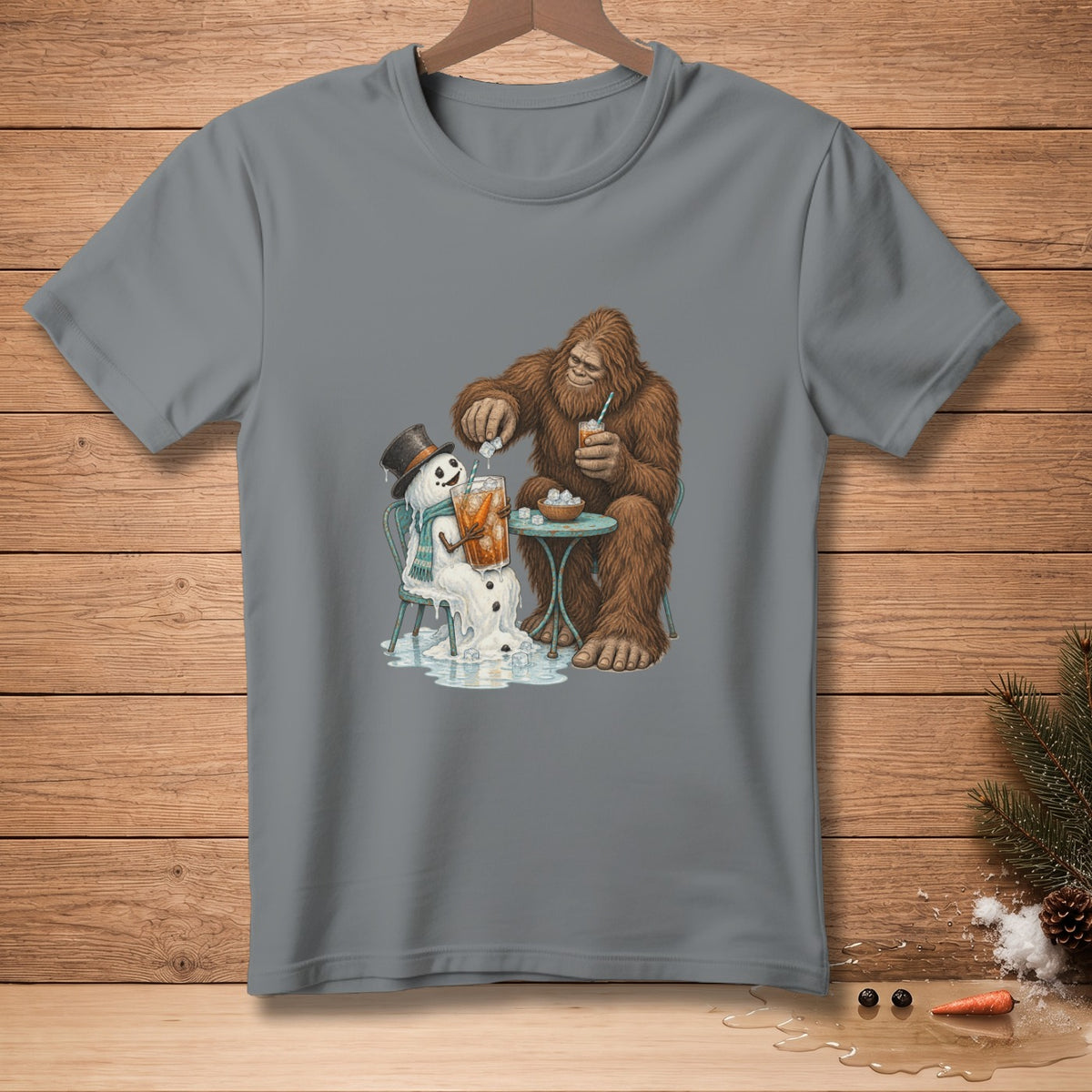 Bigfoot puts ice in a melting snowman's drink at a small table.