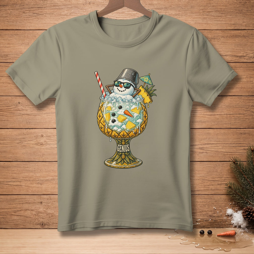 Snowman in a pineapple cocktail with "Genius" text on the glass.